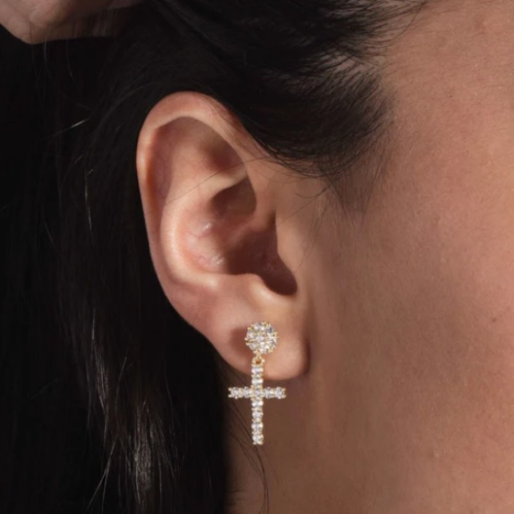 Diamond Studded Cross Earrings in Yellow Gold Drop, hang earring jewelry